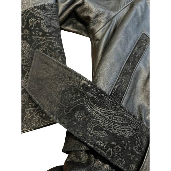 Vintage Wilsons Leather Jacket Black Floral Paisley Tie Waist cropped size small - Picture 2 of 12